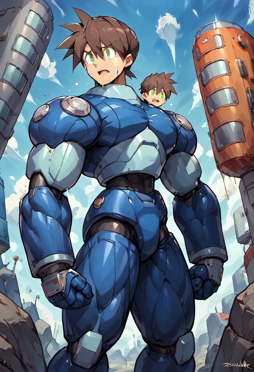 Highest quality,RAW Photos,Professional Art Works,m3g4m4n,Blue Armor,Brown Hair,The Boy of,male focus, brown hair, green eyes, 独奏, android, hair between eyes,((Huge muscles,Huge erect penis,)),Rock Buster on the right hand,Crying face,Excessive sweating and drooling,Being raped,Suburban city