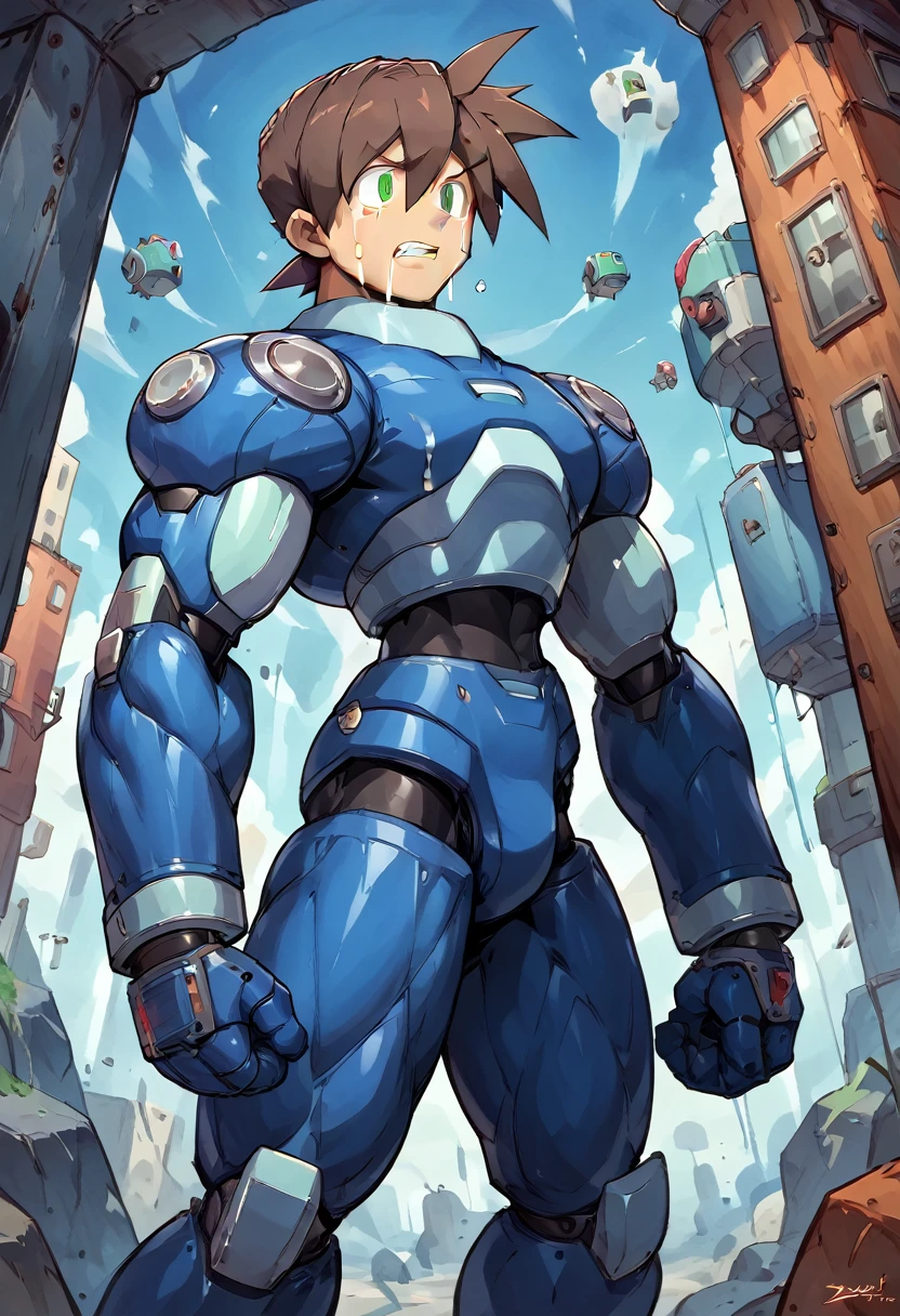 Highest quality,RAW Photos,Professional Art Works,m3g4m4n,Blue Armor,Brown Hair,The Boy of,male focus, brown hair, green eyes, 独奏, android, hair between eyes,((Huge muscles,Huge erect penis,)),Rock Buster on the right hand,Crying face,Excessive sweating and drooling,Being raped,Suburban city