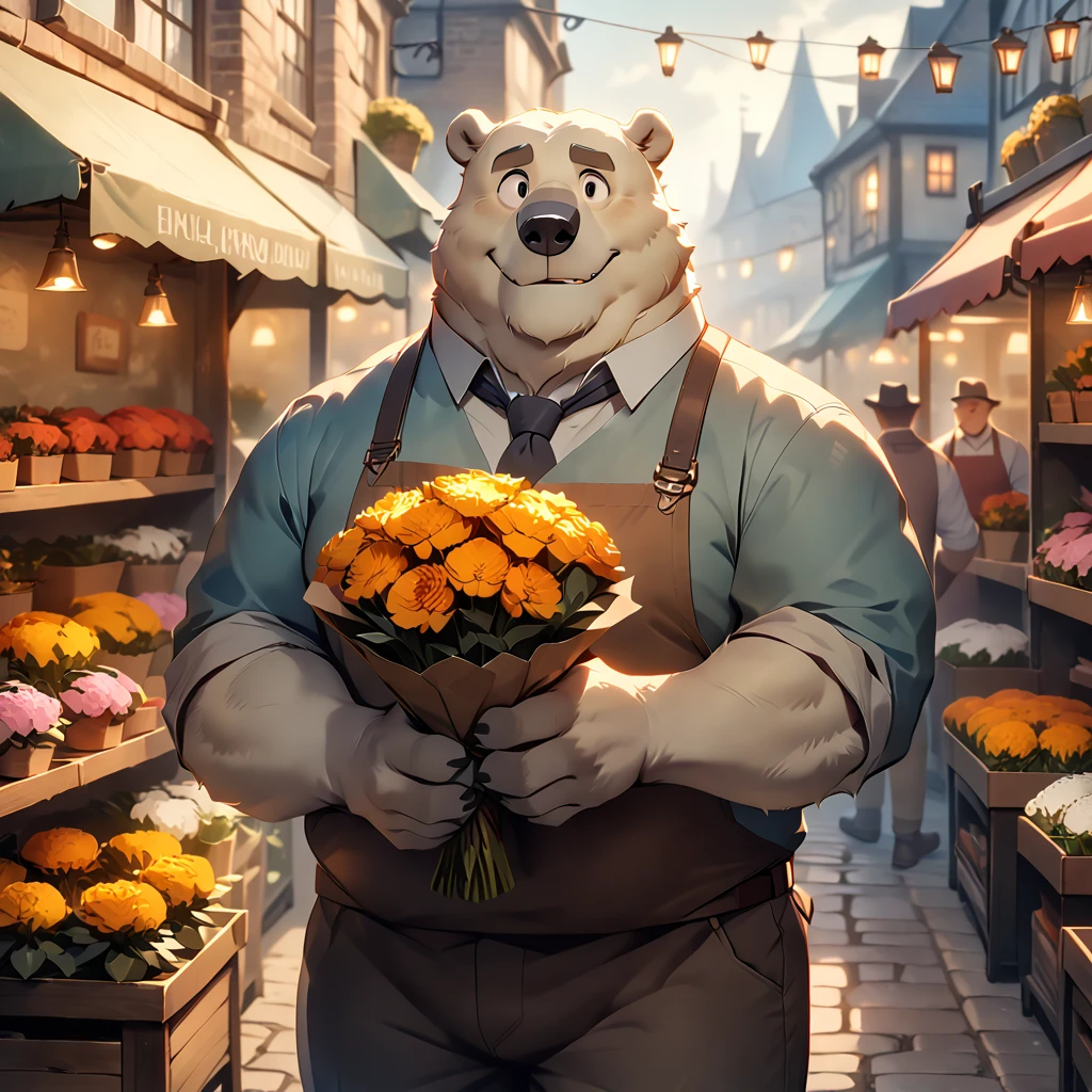 dynamic angle, dynamic pose, florist, plump middle-aged british polar bear man, happy, light smile, presenting a bouquet of flowers, marigold, pants, brown eyes, beautiful beard, male face, big face, square jawline, male eyes, sharp eyes, big eyes, male eyebrows, innocent look, fluffy body, BREAK evening, england, flower shop, outdoor, masterpiece, best quality, very aesthetic, absurdres,