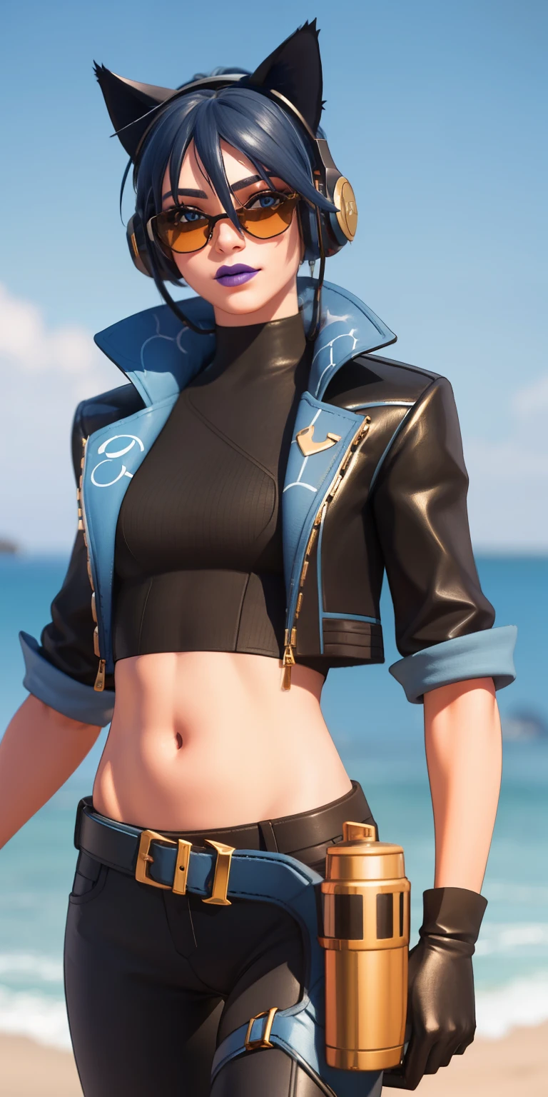Beach background, Realistic, HeroicHopeFN, 1girl,blue hair,blue eyes, sunglasses, eyeshadow,upper body,(speed lines:1.1),medium breasts, love, heart, gold hearts, black jacket, jacket crop top, cat ears headphones, fake cat ears,black crop top, black pants, blue belt, gloves, black gloves, holster, holster spray cans, navel, purple lips, lipsticks, happy, looking at viewer, facing viewer