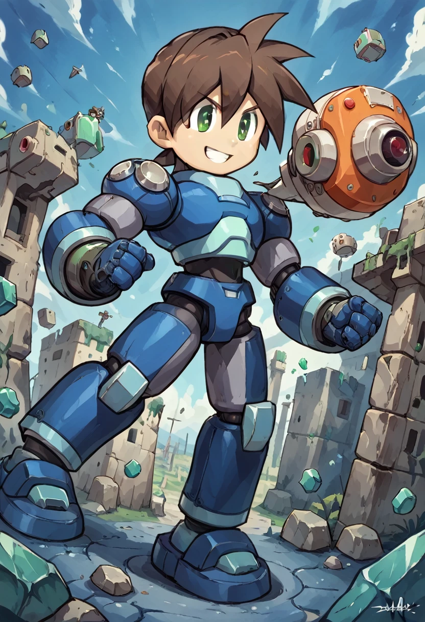 Highest quality,RAW Photos,Professional Art Works,Guts pose,m3g4m4n,Blue Armor,Muscular,Brown Hair, boy,Chibi,male focus, brown hair, green eyes, 独奏, android, hair between eyes,Shoots the Rock Buster on his right hand,Ancient ruins with floating red and green crystals,smile,