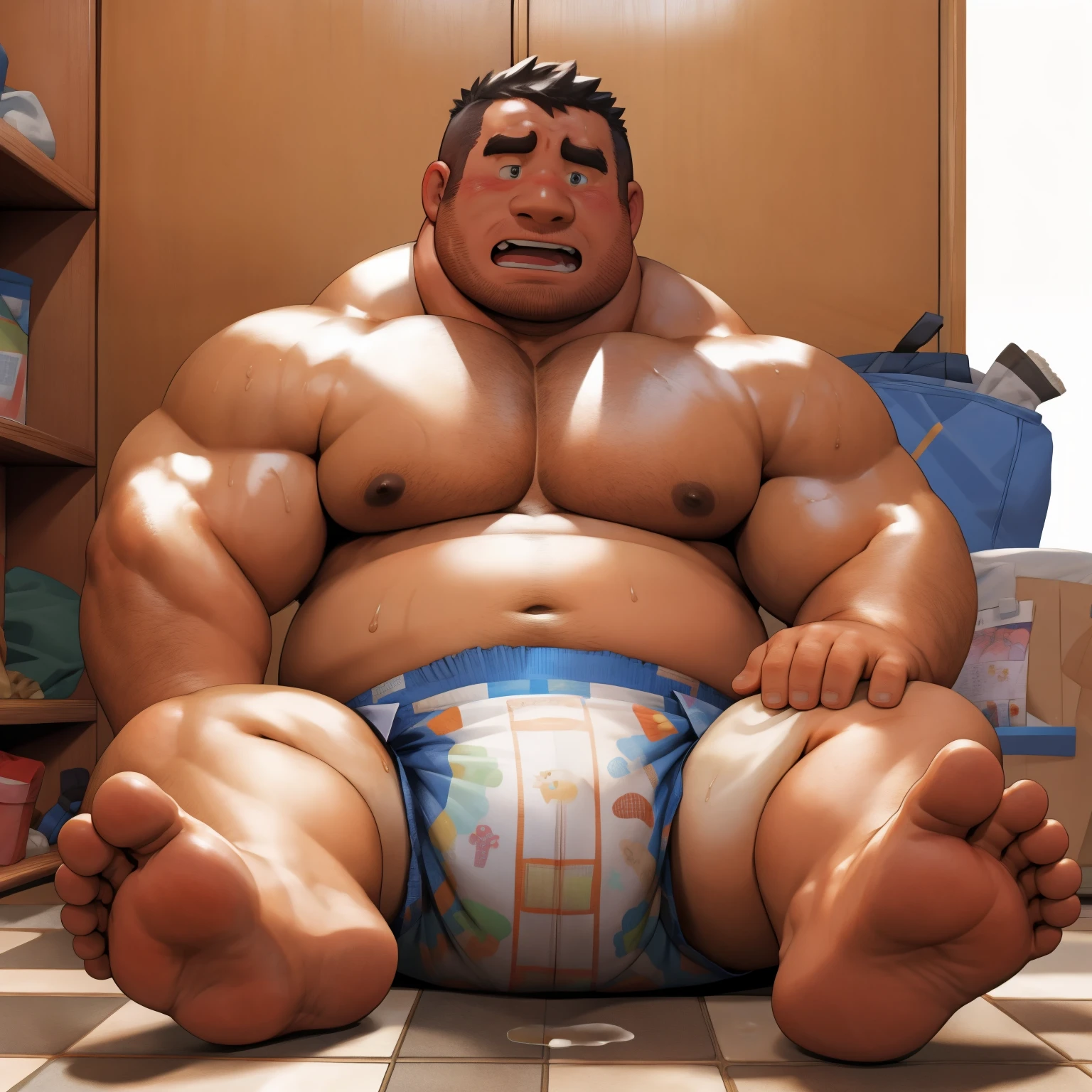 masterpiece, Top quality, in 32K, perfect anatomy, hyper detailed, super fine illustration, The thick man is a brutal prisoner, retarded, hairy, human, 50yo in japan, (fatness: 1.0), Fatty muscle, Bowleg, disappointment, incontinent, be diaper check by children, There is a small puddle under him, Naked, short legs, Bowleg, spread legs, wear a White cloth Diaper, Bare belly, Bare legs, Bare foots, Bare soles, Shirtless, wide forehead and short thinning hair, Man with round face with stubble, Bare foots, Bare soles, shy, sissy, Weaker than children, Drool, Round face, He enters nursery school and is despised by children, He is made to stand attention in the corner of the playroom, corner time, He surrounded by children, Bare foots, big butt, White Diaper, sobbing, There is a small puddle under him