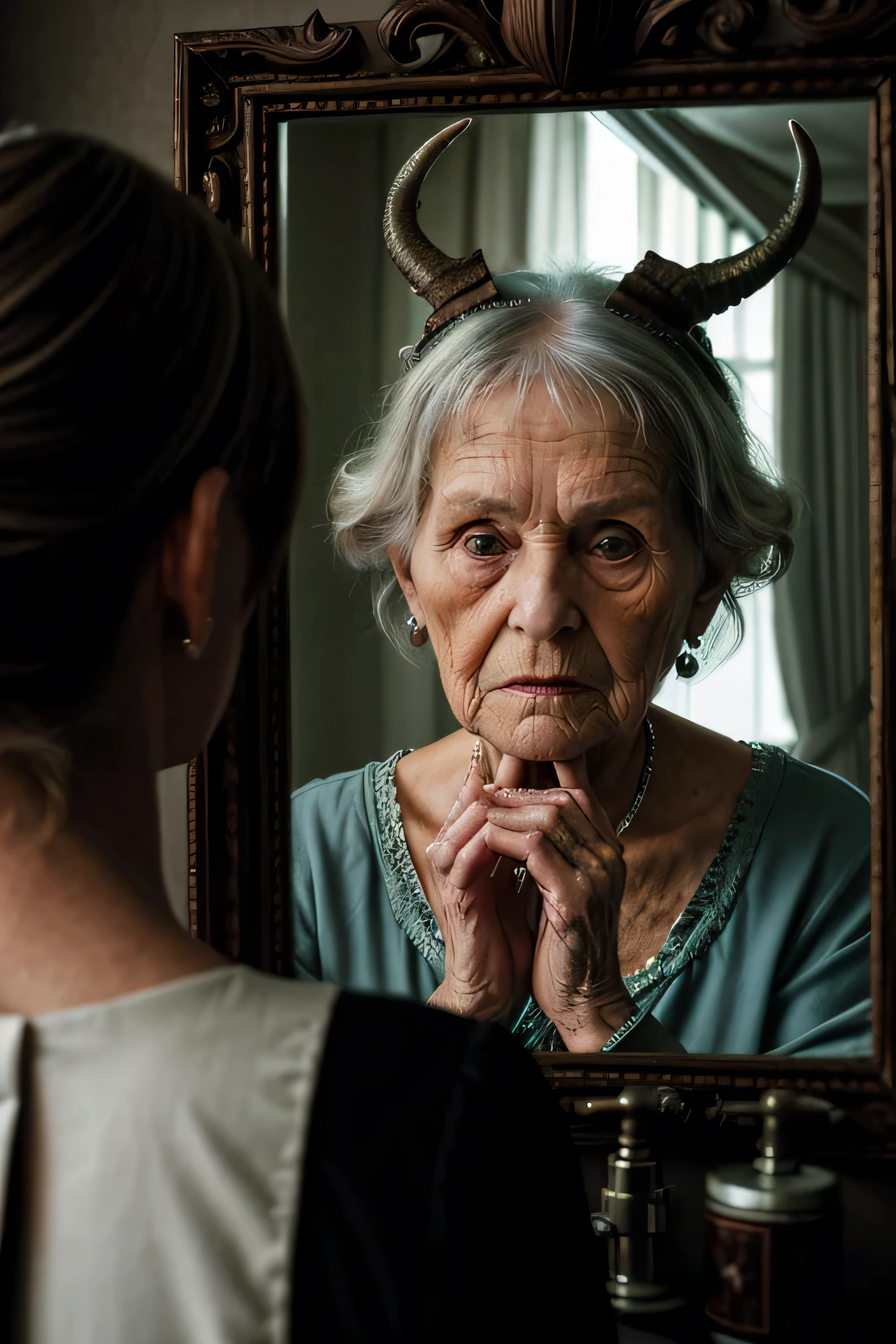 Redo the same image with rich details, Old woman, looking at yourself in the mirror from the front, with horns