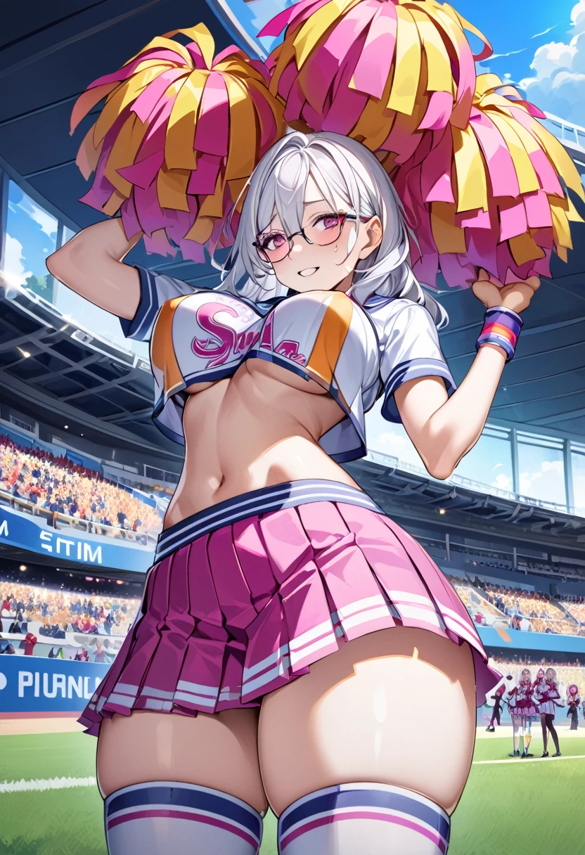 最high qualiy, 8k, high resolution, high qualiy, work of art, comely, (anatomically correcte:1.2), 10th Generation, A comely woman, Silky white hair, wearing glasses, pink eyes, beautiful fur, attractive person, Schoolgirl, Super soft breasts, Short stature and glamorous figure, Cheerleader, stadium , from low, happy with sexual climax, holding pompoms, (squatt), below the chest,