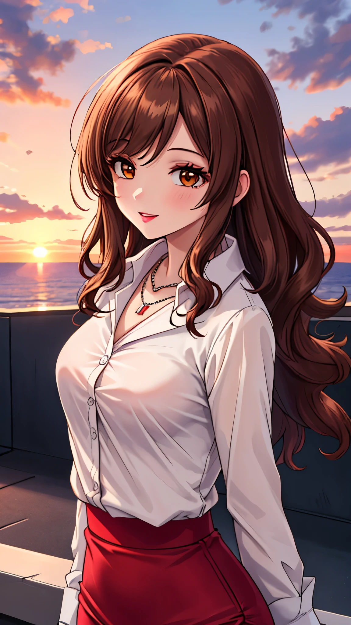 （（super high quality,））（（Ultra-high resolution,））（16K,）（super masterpiece,）（（Ultra HD ,））（Detailed shading,）Shooting from below,Upper body photo,One Woman,Wavy brown medium-long hair,Part your bangs on the side,Thick and glossy lips,A pink shirt with a tight collar and the third button undone,Red pencil skirt,necklace,happy,Sunset rooftop,Background with sea view,