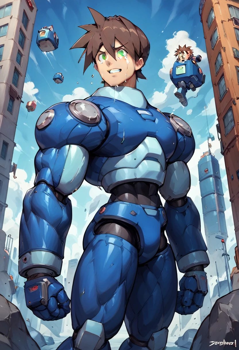 Highest quality,RAW Photos,Professional Art Works,m3g4m4n,Blue Armor,Brown Hair,The Boy of,male focus, brown hair, green eyes, 独奏, android, hair between eyes,((Huge muscles,Huge erect penis,)),Rock Buster on the right hand,Crying face,Excessive sweating and drooling,Being raped,Suburban city