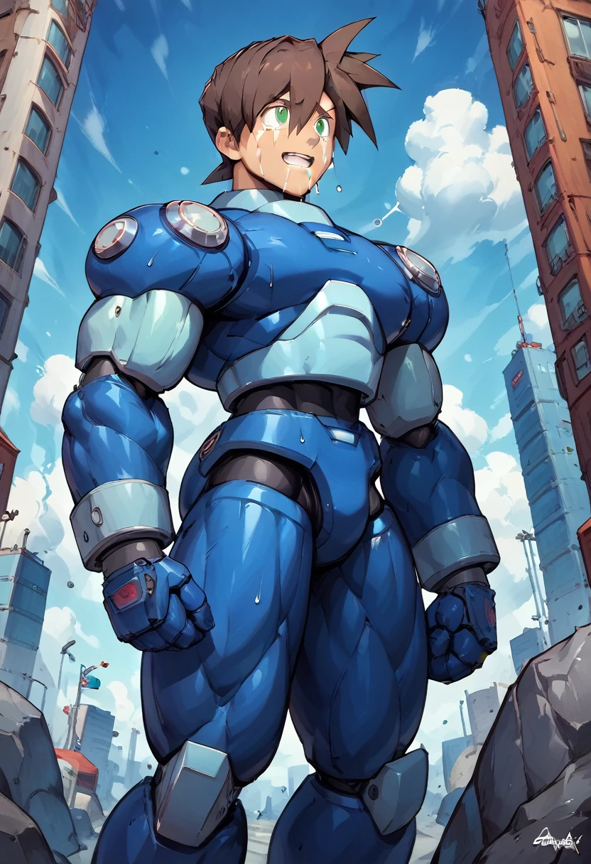 Highest quality,RAW Photos,Professional Art Works,m3g4m4n,Blue Armor,Brown Hair,The Boy of,male focus, brown hair, green eyes, 独奏, android, hair between eyes,((Huge muscles,Huge erect penis,)),Rock Buster on the right hand,Crying face,Excessive sweating and drooling,Being raped,Suburban city