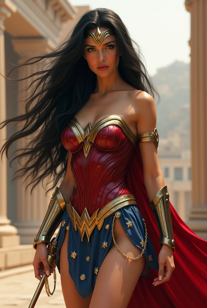Adriana Lima under the mantle of the Amazonian warrior Wonder Woman, long black hair, Superman suit, Man Of Steel Movie, Diaema Wonder Woman on her forehead, long golden bracelets, lasso of truth