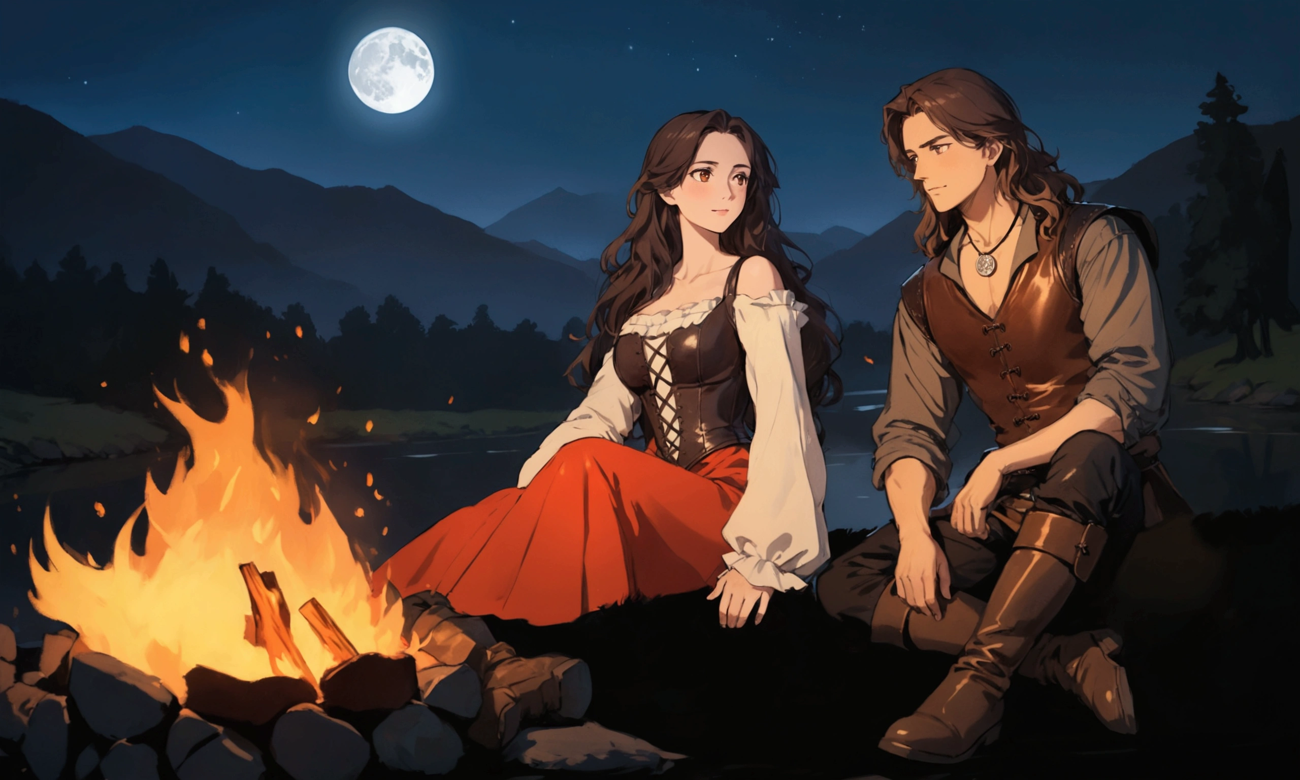 masterpiece, best quality, perfect face, anime, (expressive eyes), campfire, night scene, two people in the grass sitting by the fire staring at each other affectionably. medieval fantasy renaissance. woman on the left wearing red dress with a leather corset and long open shoulder sleeves, she have black wavy hair and brown eyes. man, manly build, on the right wearing grey shirt with a leather vest, black pants and boots, he have long wavy brown hair falling over his shoulders and brown eyes, silver medallion around his neck. campfire in front, dark silhouettes of trees, mountains and a river flowing in the background, deep blue sky replete of starts and a full moon, soft natural lighting from the fire, warm and cozy atmosphere, low angle, balanced exposure