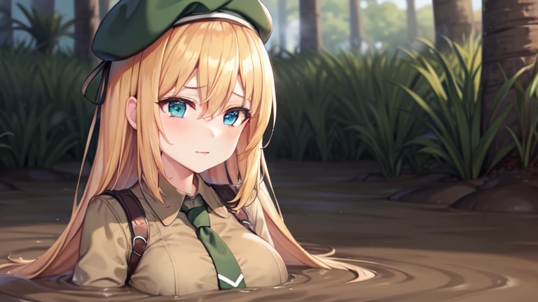 (masterpiece, best quality:1.2), illustration, 8k, hd, 1girl, solo, upper body, (portrait:1.2), large breasts, long hair, fringe, blue eyes, blonde hair, hair between eyes, green eyes, open jacket, miniskirt, brown shirt,necktie, beret,partially submerged, in mud, flooding up to the chest, military uniform, jungle, bogged,