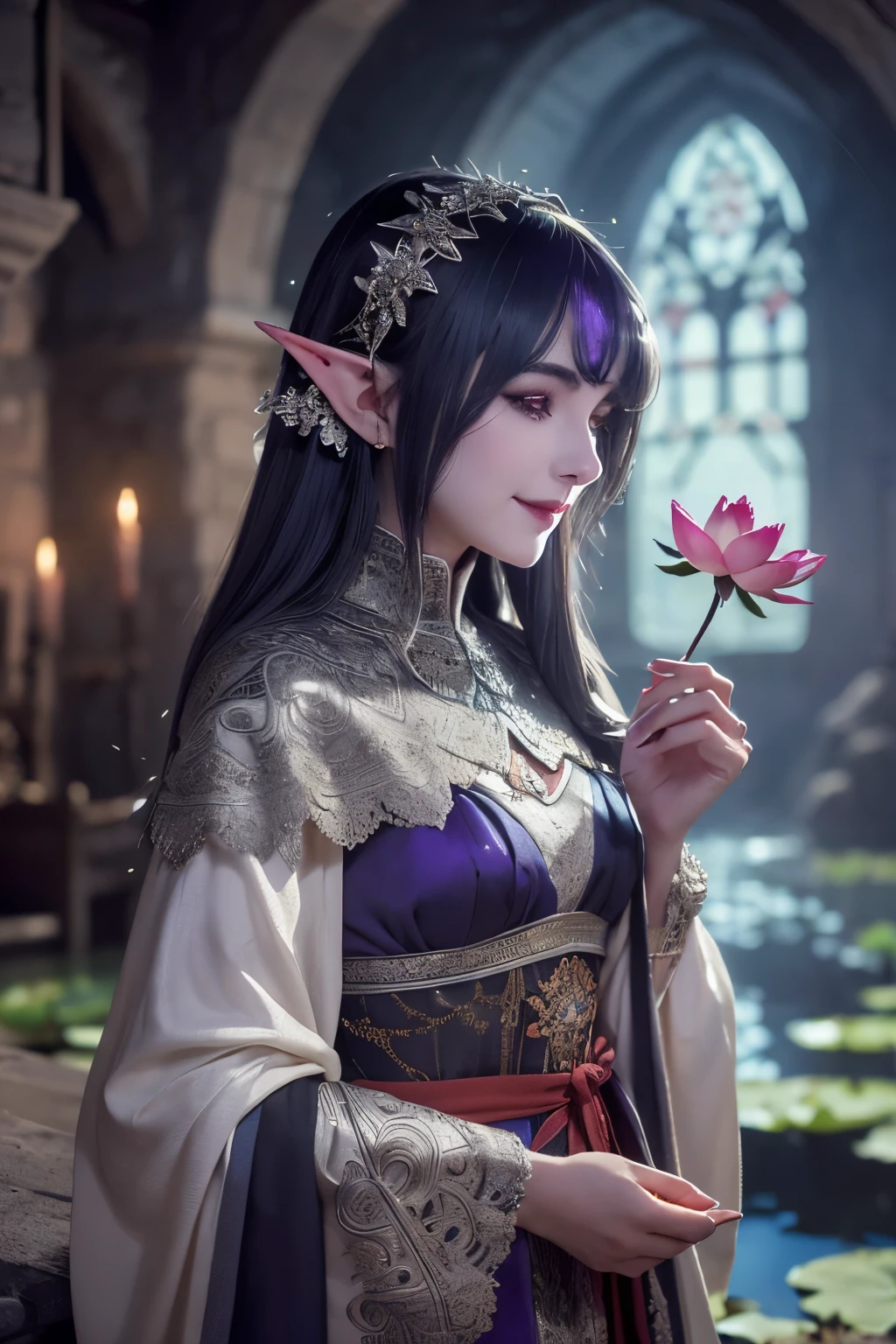 (Ultra-detailed face, looking away, Fantasy Illustration with Gothic, Ukiyo-e, Comic Art, Rich colors), 
BREAK 
(This is a small mountain village in a medieval European style. From the hilltop, a pond filled with abundant water can be seen, and lotus flowers are in full bloom. There is a small church and a clock tower in the village, and white smoke from the chimneys is wafting as breakfast is served. Sunlight shines through the clouds like a spotlight on the pond, giving it a mysterious glow.), 
BREAK 
(A female dark elf healer, cheeks flushed red, lies by the pond, holding a lotus flower in one hand, smiling gently, gazing at the flower and gently kissing its petals.), 
BREAK 
(DarkElves: A middle-aged dark elf woman with silver color hair, blunt bangs, very long disheveled hair and dark purple color skin, lavender color eyes. She wears smoky makeup around her eyes. She wears dark eyeliner under her eyes.), 
BREAK 
(DarkElves: A female dark elf healer wears a blue jeweled hair ornament, a light gray linen cape dress with silver and red embroidery on the lace, and sandals with braided thin strings. She wears a large fan-shaped necklace woven with bright beads.)