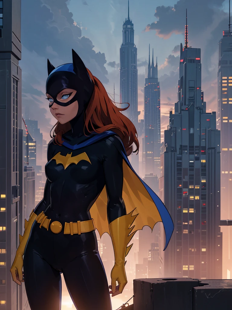 1girl, side view, Barbara, red hair, blue eyes, bodysuit, cape, yellow gloves, belt, pulling her mask onto her head, outside, standing on a skyscraper rooftop, facing the horizon, large cityscape, nighttime, cloudy skies, extreme detail, hdr, beautiful quality