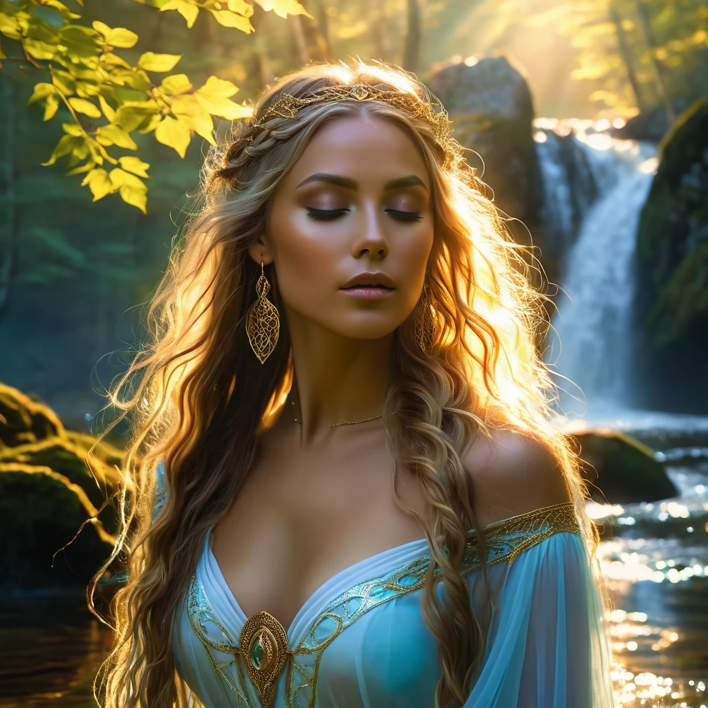 crystal clear water, ethereal lighting, flowing hair, serene expression, gold jewelry, misty forest in the background, goddess-like beauty, surreal atmosphere, powerful aura, otherworldly surroundings, divine presence, elegant movements, mythical energy, majestic scenery, tranquility, natural harmony, transcendent experience, enchanting vibes. (best quality, 4k, ultra-detailed, realistic, HDR), (portraits, Norse mythology, fantasy), vibrant colors, soft pastel tones, gentle sunlight, magical glow.