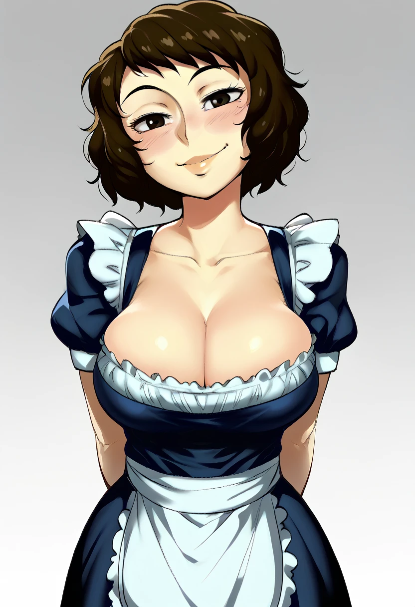 score_9, score_7_up, 1girl, solo, large breasts, kawakami sadayo, cleavage, presenting, mature female, maid, light smile, arms behind back, blush, head tilt, grey background, gradient background, short sleeves, twintails