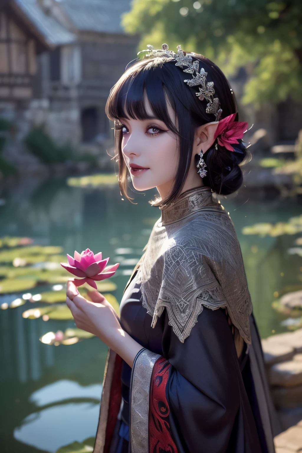 (Ultra-detailed face, looking away, Fantasy Illustration with Gothic, Ukiyo-e, Comic Art, Rich colors), 
BREAK 
(This is a small mountain village in a medieval European style. From the hilltop, a pond filled with abundant water can be seen, and lotus flowers are in full bloom. There is a small church and a clock tower in the village, and white smoke from the chimneys is wafting as breakfast is served. Sunlight shines through the clouds like a spotlight on the pond, giving it a mysterious glow.), 
BREAK 
(A female dark elf healer, cheeks flushed red, lies by the pond, holding a lotus flower in one hand, smiling gently, gazing at the flower and gently kissing its petals.), 
BREAK 
(DarkElves: A middle-aged dark elf woman with silver color hair, blunt bangs, very long disheveled hair and dark purple color skin, lavender color eyes. She wears smoky makeup around her eyes. She wears dark eyeliner under her eyes.), 
BREAK 
(DarkElves: A female dark elf healer wears a blue jeweled hair ornament, a light gray linen cape dress with silver and red embroidery on the lace, and sandals with braided thin strings. She wears a large fan-shaped necklace woven with bright beads.)