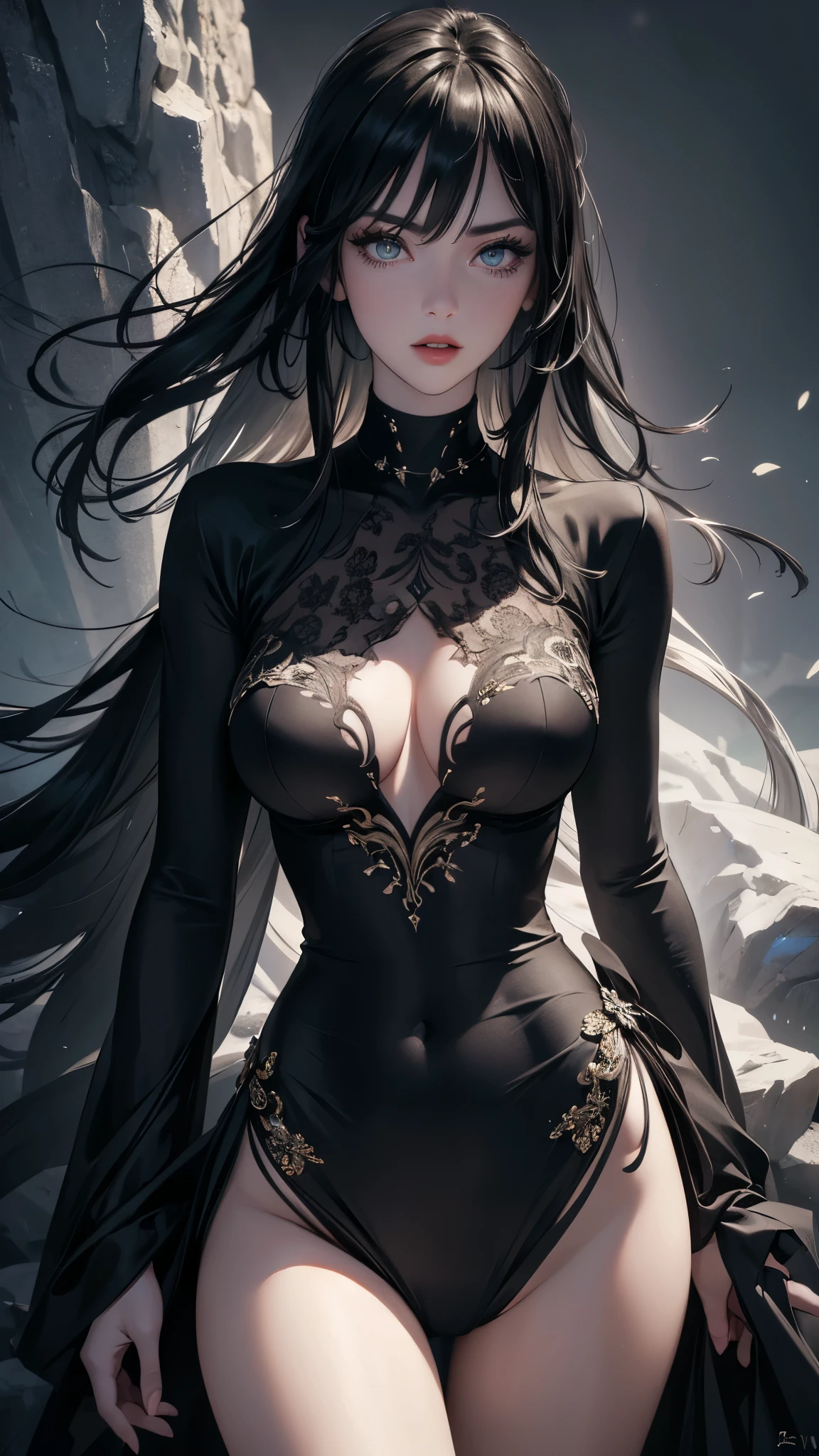 masterpiece, best quality, In winter, night, 4 But, girl, very long hair, There is blood on the face, big breasts, Gothic_Changeta, Change, Sadomasochism, Wall, Zombified，Zombie Change and tentacles fuse，Zombie Queen，Black tentacles，Tentacles and legs，back view