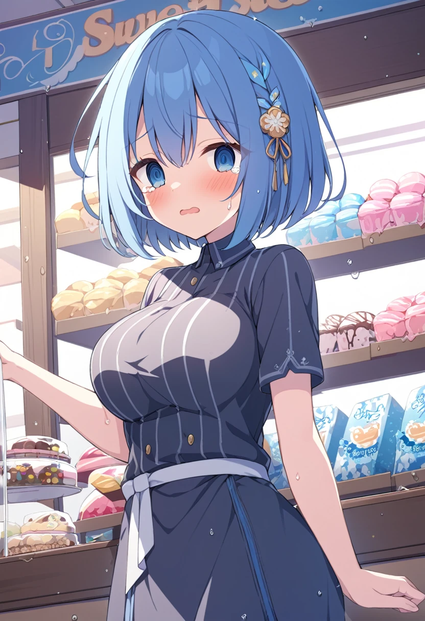 OrimiyaYui, short hair, blue hair, hair ornament, blue eyes,, , large breasts, , , empty eyes , large breasts, , , Sweets shop, frozen, wet, crying ,,, , (1girl) ,solo
