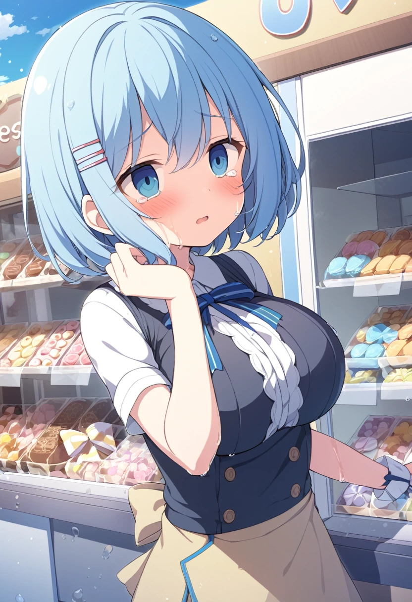 OrimiyaYui, short hair, blue hair, hair ornament, blue eyes,, , large breasts, , , empty eyes , large breasts, , , Sweets shop, frozen, wet, crying ,,, , (1girl) ,solo
