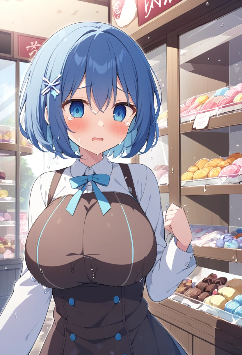 OrimiyaYui, short hair, blue hair, hair ornament, blue eyes,nsfw, , large breasts, , , empty eyes , large breasts, nipple, , Peeing, lactation, projectile lactation, Sweets shop, frozen, wet, crying ,, Naked, , (1girl) ,solo
