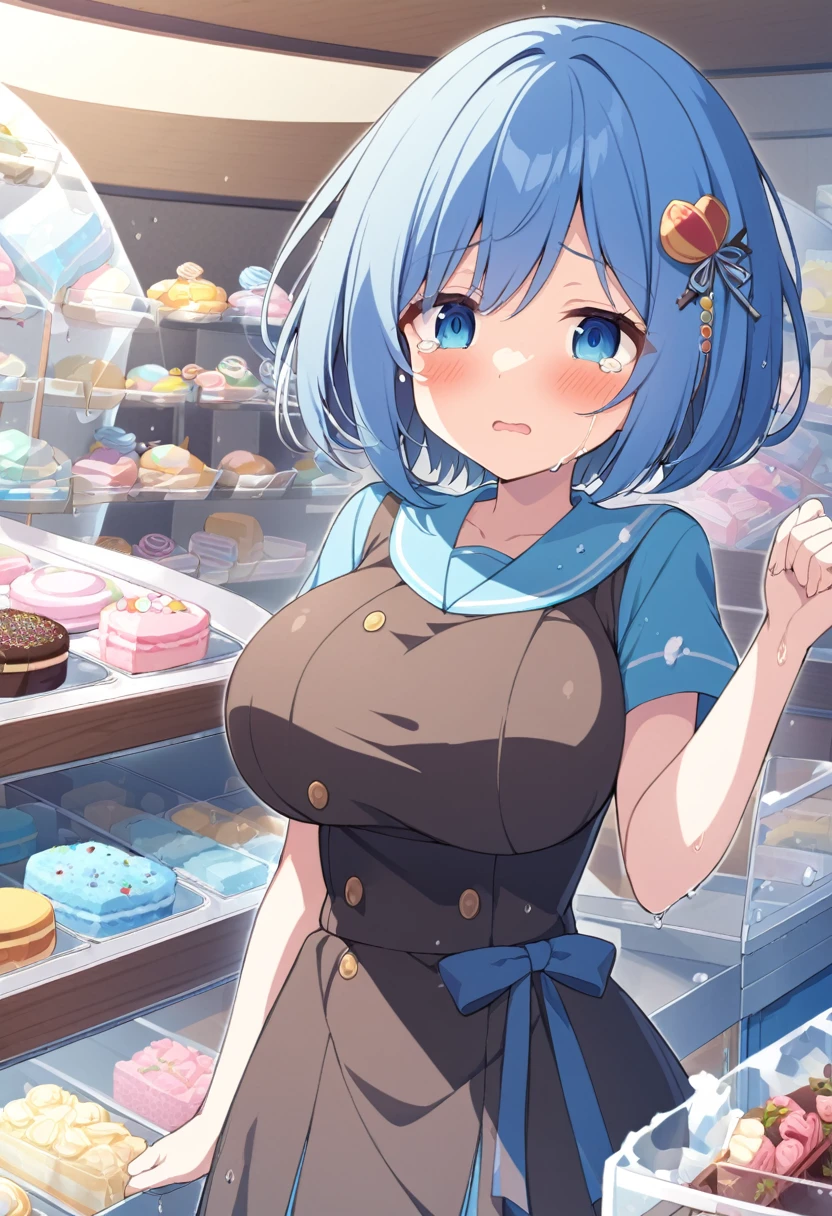 OrimiyaYui, short hair, blue hair, hair ornament, blue eyes,, , large breasts, , , empty eyes , large breasts, , , Sweets shop, frozen, wet, crying ,,, , (1girl) ,solo
