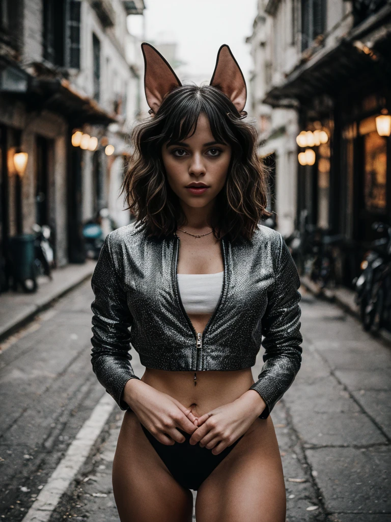 Photo of Jortega ((style dark fantasy)), in a motorcycle club jacket, dark street, dark alley, solo, ((elf ears)), inverted bob haircut, hyper-detailed, looking at the viewer, hourglass body, muscular, voluptuous, dark atmosphere, photography, photo shoot, ethereal lighting, captured by Panavision Panaflex Platinum camera with Panavision Primo Primes 50 mm T1.9 spherical lens