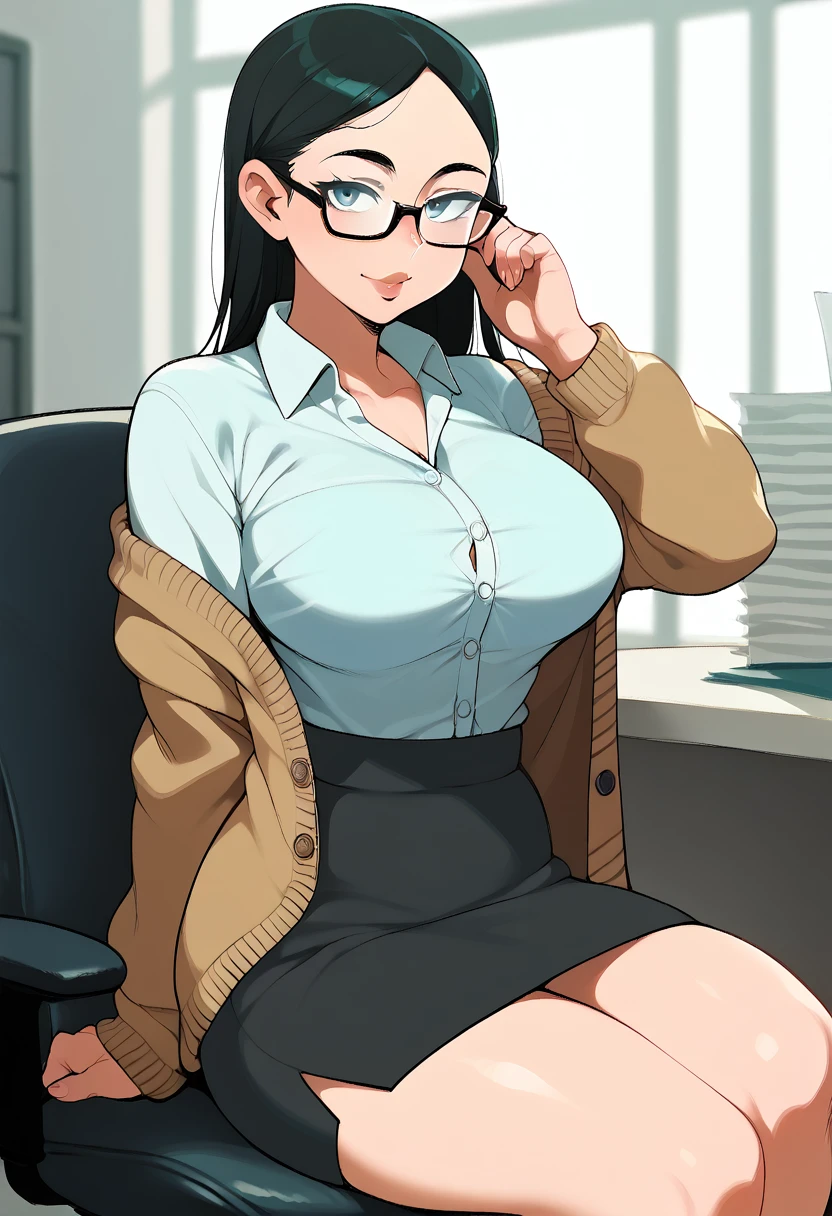 score_9, score_8_up, score_7_up, score_6_up, score_5_up, score_4_up, BREAK, shadman, 1girl, solo, breasts, looking at viewer, shirosakisaori, glasses, cardigan, black skirt, office, indoors,  sitting,