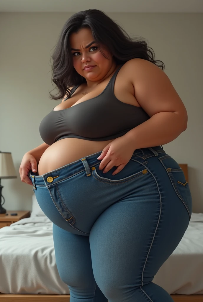 A woman is obese and overweight, weighing 200kg, with a lot of belly fat, she is standing on the scales worrying about the weight she gained from overeating, an obese plus size model with a very large belly, her belly is bulging and covered with a lot of fat, she has a saggy belly and a tattoo around her navel, 4K quality, low angle