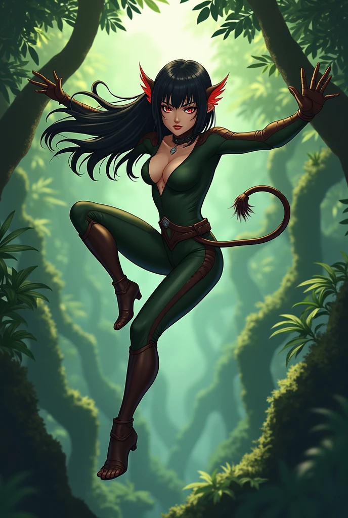 ((masterpiece,best quality)), absurdres,
<lora:Kaz_Afk:0.8>, Kaz_Afk, dark skin, cat tail, black leotard,
forest in background, cinematic composition, dynamic pose,
