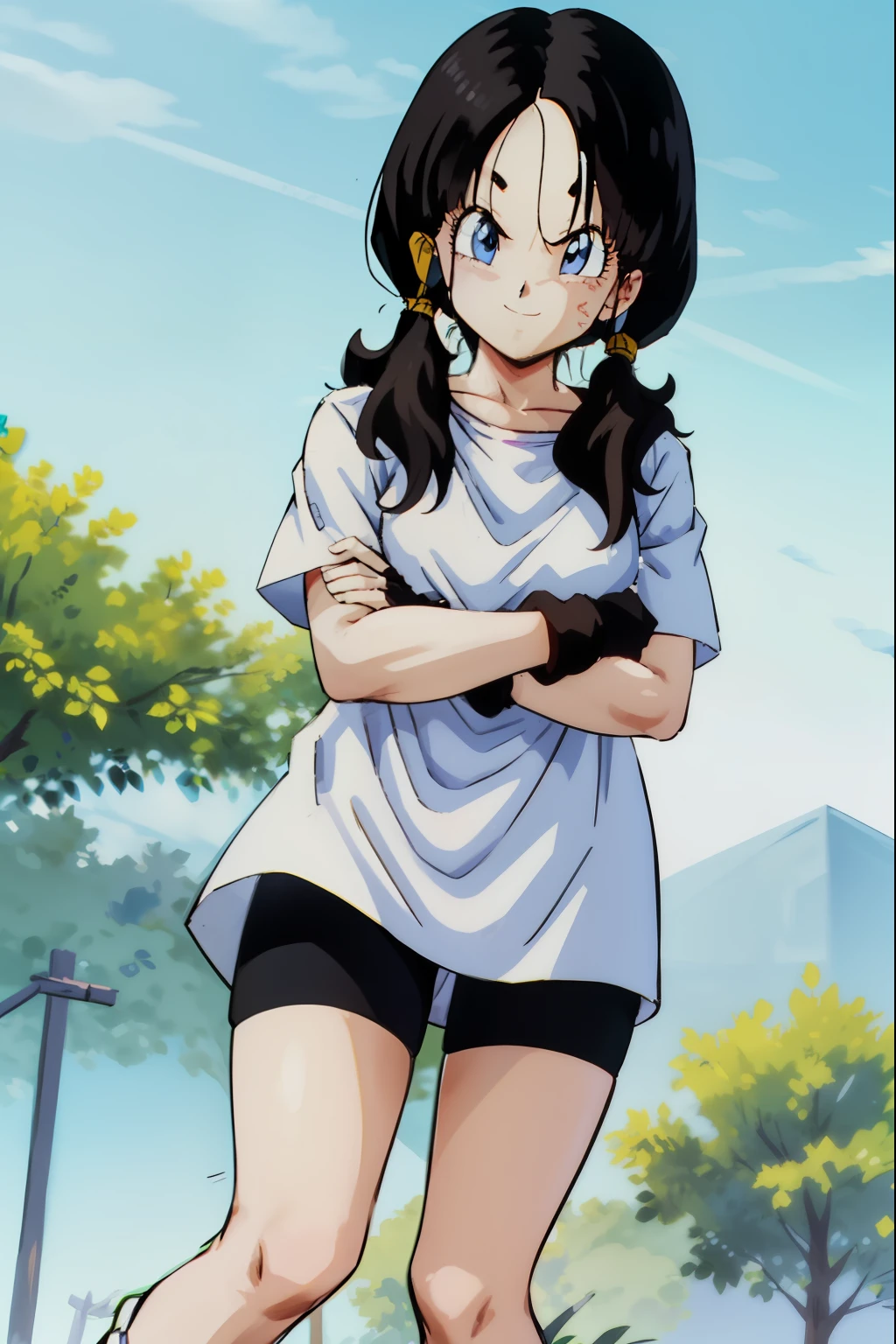 Videl,Saw 2,Low Twintails,White T-shirt,badge, bicycle_Shorts,smile,forest,Standing with your legs apart,blue eyes,from the front,Arms behind the body,close-up,