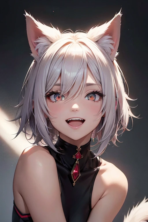 (best quality:1.1), (masterpiece:1.2), (solo), (Close Up), (upper body), (dark skin), (black skin), (green eyes), looking at viewer, young, ((cat ears)), ((white short hair)), (((lolis))), (flat chest), short height, ((open oversized black jacket)), ((black bikini)), ((pet collar)), mild happy expression, (midnight city),