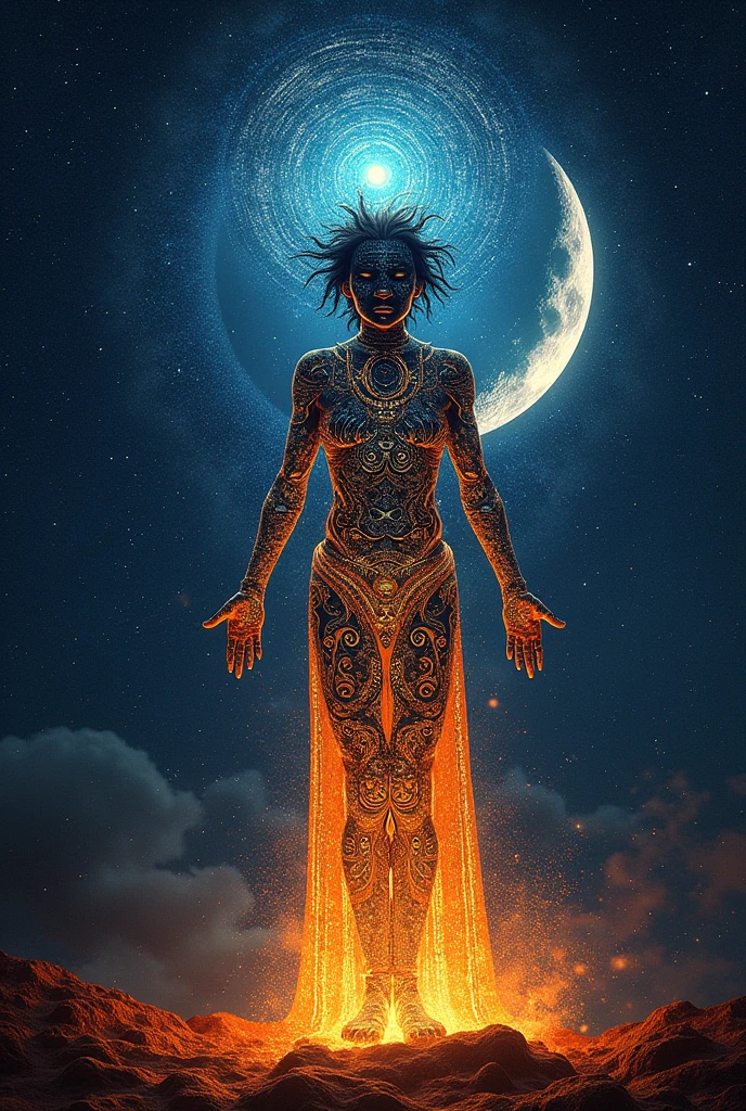 A powerful cosmic scene of Mars and Pluto orbiting each other in space, creating a complex, swirling energy field. Aries is represented by a dynamic figure in the foreground, absorbing and channeling this cosmic energy. The scene is dark and intense, with vivid celestial colors. --ar 16:9