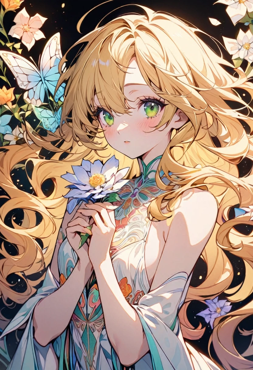 (Art Nouveau:1.25), Maximalism art style,Neon Theme,Suprematism,beautiful detailed flower, beautiful detailed eye,Super detailed,flower,超high quality,,eye,flower and hair is same color,Beautiful colors,face,her hair is becoming flower, flower,hair,flower,butterfly,,1 girl cute,,Attention to detail, high quality,Backlight,hair and clothes is flower,Upper Body ,high quality,hair with body ,Web Dress, Upper Body, flower leg, flower hands,body with flower,    flower with clothes , dress with flower, , Particles of light,Black background,  Hair with flower,Small breasts with flower,floating hair with flower,floating1girl,Small breasts,  marbling with hair and clothes, View your viewers,original,Put your arms down, Paper cutting, Black background, flower forground,  hair with flower,High resolution, hair with  flower,hair with flower ,hair,  wavy hair ,Diffuse lighting, Abstract,胴体のあるbutterfly,   flower with hair, her hair is flower,Big Top Sleeves, floating,student, [[hair over one eye]],Dark SFW,Tabletop, 最high quality, High resolution, One Girl, Upper Body, Details Girl, Hands on the details, Finger details, Detailed aspect, Leg Details, One Girl, Fairy, Watercolor, Pale skin, , Blonde hair, Long hair, ウェーブのかかったhair, Green eye, puppet, Medium chest, White sundress, Bare back,flower wall panel background,View your viewers,[[tears]],笑face