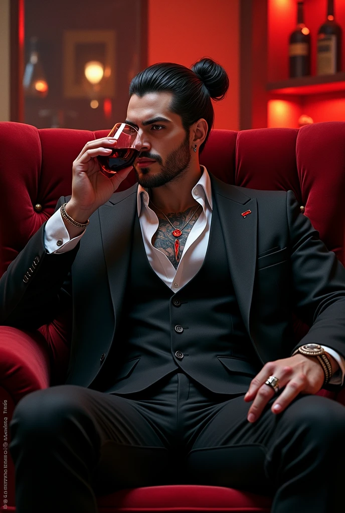 (photorealism:1.2), Handsome man, tall and strong, with a young beard, dressed in a black suit and Italian brand shoes, with a bottle of whiskey served in an elegant glass, in a red casino with lights.