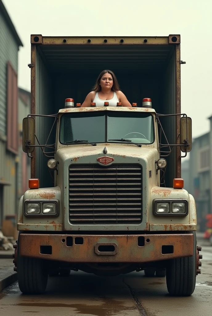 plus size fat white woman. straight light brown hair. She wears a red and black flannel blouse, jeans and a red all-star. she is alone in front of a motorcycle club at night. She has her mouth closed. perfecteyes eyes.