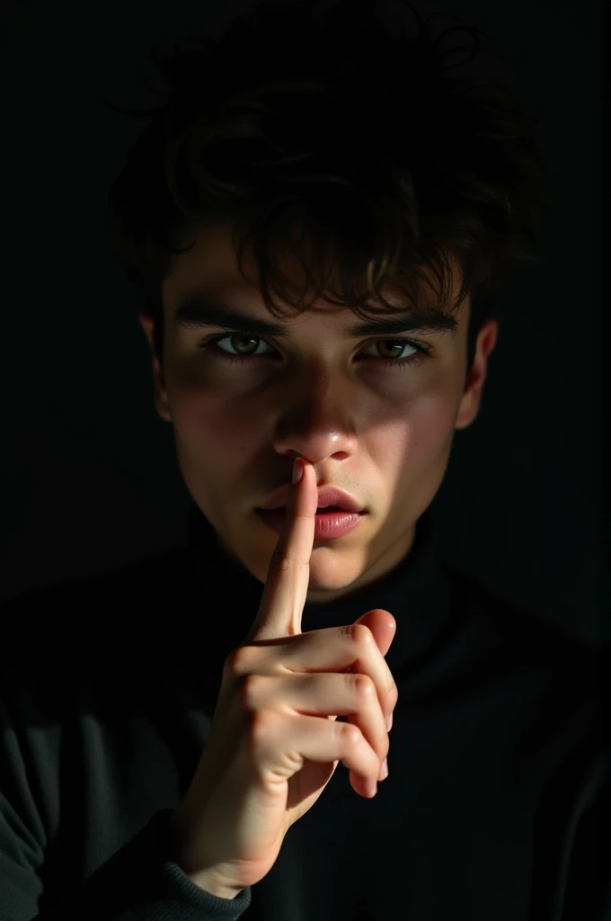 a boy with his head lowered, the picture was taken from above, so his face is not visible and only his hair, hair like a teenager, with a dark background, and the boy gives the middle finger to the camera