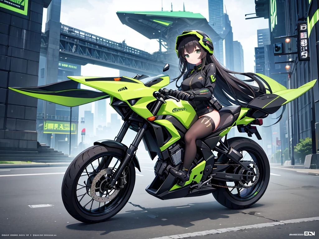 Best image quality, Excellent details, Ultra-high resolution, (realism: 1.4), Best illustrations, Favorite Details, Very condensed one girl, Delicate and beautiful features, Wearing a black and green mech, Wearing a mecha helmet, Hold the directional controller, Riding on motorcycle, The background is a futuristic city high tech lighting scene. Surreal illustrations, Surreal rendering, Beautiful digital rendering, Photorealistic rendering, Surreal illustrations