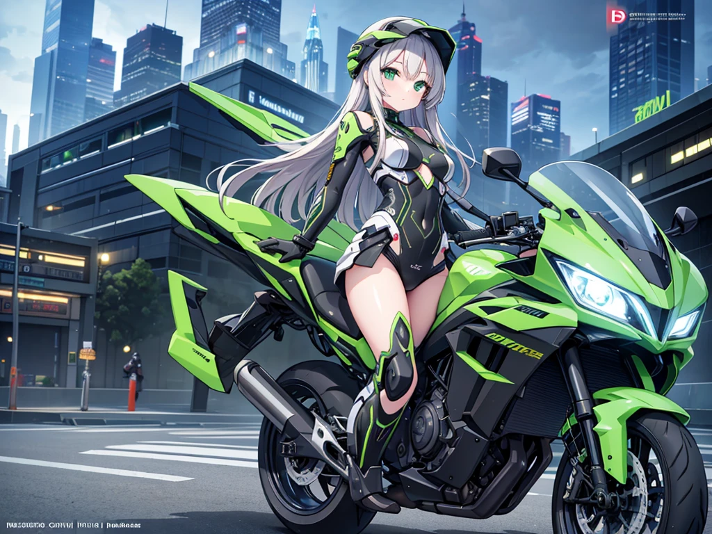 Best image quality, Excellent details, Ultra-high resolution, (realism: 1.4), Best illustrations, Favorite Details, Very condensed one girl, Delicate and beautiful features, Wearing a black and green mech, Wearing a mecha helmet, Hold the directional controller, Riding on motorcycle, The background is a futuristic city high tech lighting scene. Surreal illustrations, Surreal rendering, Beautiful digital rendering, Photorealistic rendering, Surreal illustrations