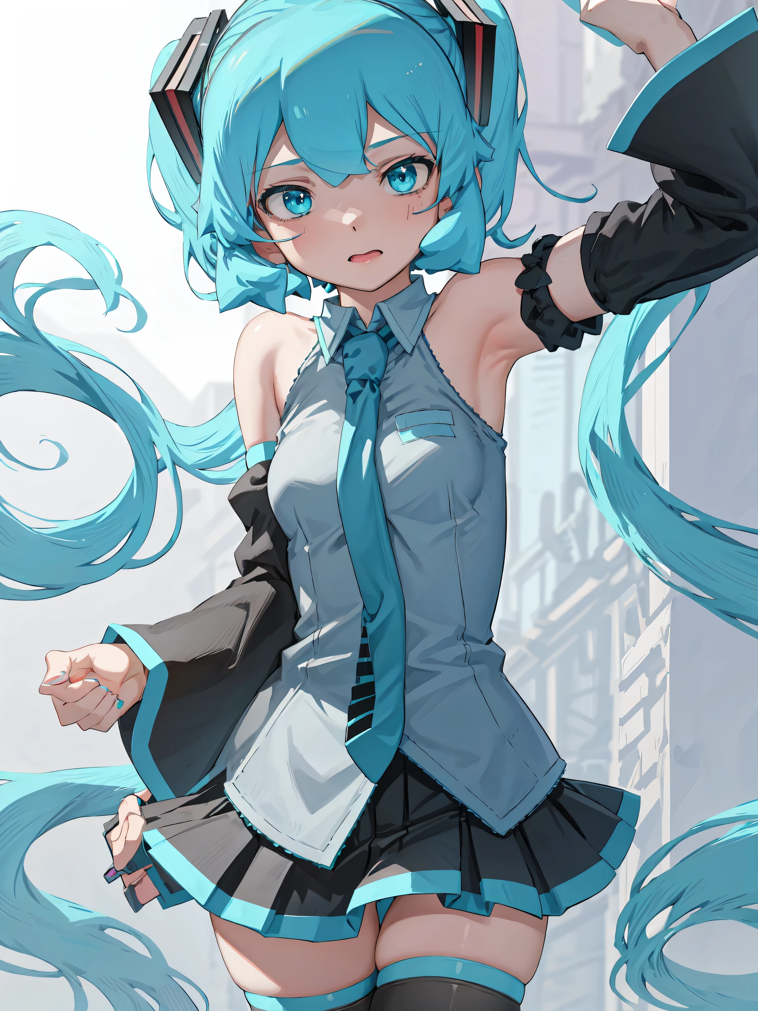 One girl, Aqua Eye, Aqua Hair, hatsune miku, Grey Shirt, Removable sleeves, Twin tails, Shoulder Tattoo, tie, Black knee socks, Pleated skirt