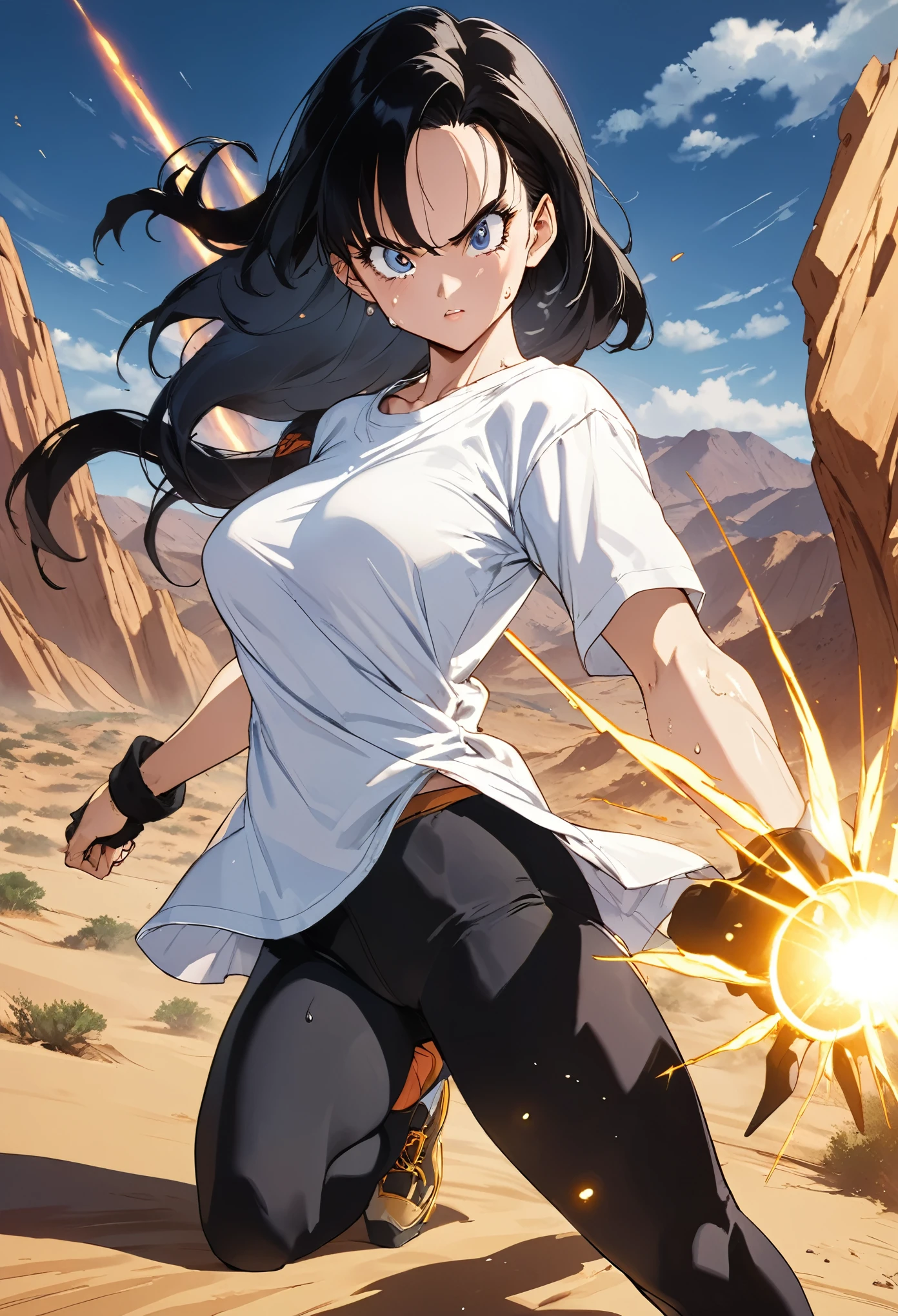 masterpiece, Highest quality, High resolution, (Videl),1990s \(style\),(E-cup beautiful breasts)、 (tall:1.2),height: 160cm,Fashion model body type,Sweating all over the body、Muscular、((sexy))、(nsfw),独奏,Anime-style painting style, Black Hair,   White shirt, Short sleeve, Black Long Spats,Long twin tail hair, A composition that focuses on the whole body,(Cool face)、(Pointed Eyes),Big eyes,Cinematic lighting,Ultra-fine,The background is the desert,magnificent view,Battle Scenes,A dynamic pose,Shoot energy bullets from your hands、A golden aura appears around your body,Dragon Ball concept art,Kamehameha、Dust clouds fly、Multiple injuries to the skin、Clothes get torn in places