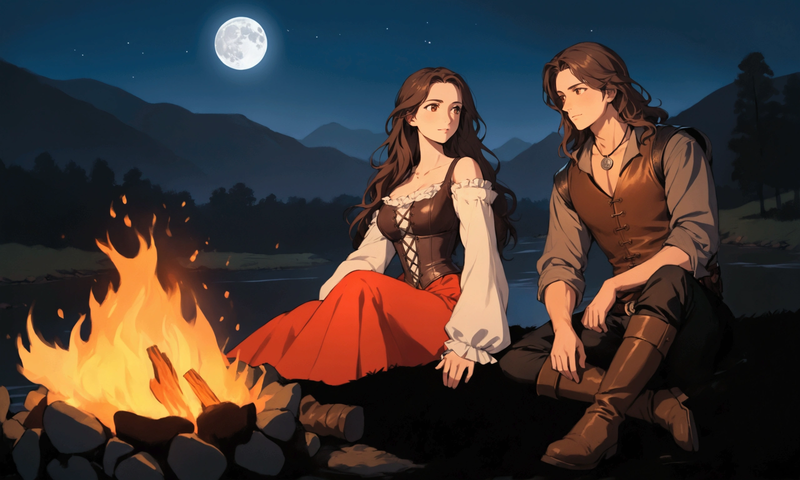 masterpiece, best quality, perfect face, anime, (expressive eyes), campfire, night scene, two people in the grass sitting by the fire staring at each other affectionably. medieval fantasy renaissance. woman on the left wearing red dress with a leather corset and long open shoulder sleeves, she have black wavy hair and brown eyes. man, manly build, on the right wearing grey shirt with a leather vest, black pants and boots, he have long wavy brown hair falling over his shoulders and brown eyes, silver medallion around his neck. campfire in front, dark silhouettes of trees, mountains and a river flowing in the background, deep blue sky replete of starts and a full moon, soft natural lighting from the fire, warm and cozy atmosphere, low angle, balanced exposure