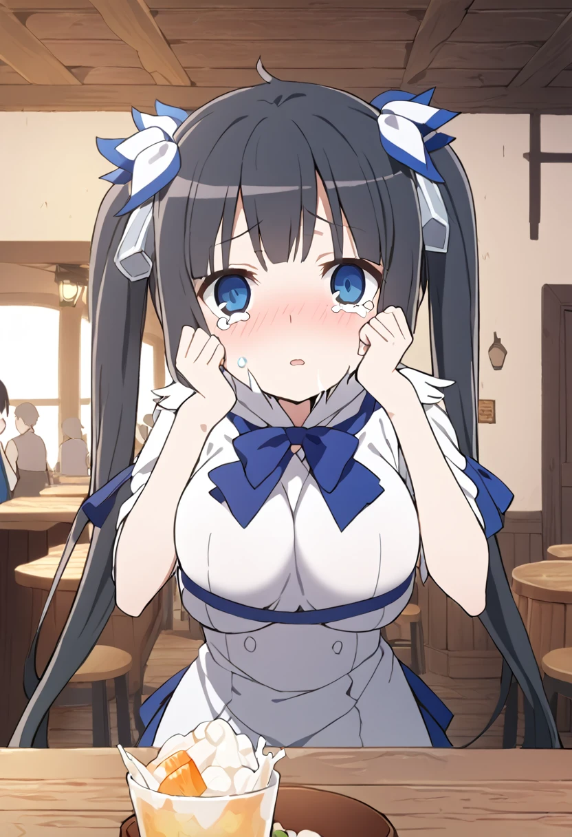 1girl, nsfw, solo, hestia, black hair, blue eyes,
long hair,
twin tails, BLACK hair, , empty eyes, large breasts, nipple,12years old,  Hospital, frozen, (Sweating profusely, Love juice, Wet Woman, female ejaculation), crying, Naked, (1girl) Peeing, lactation, projectile lactation