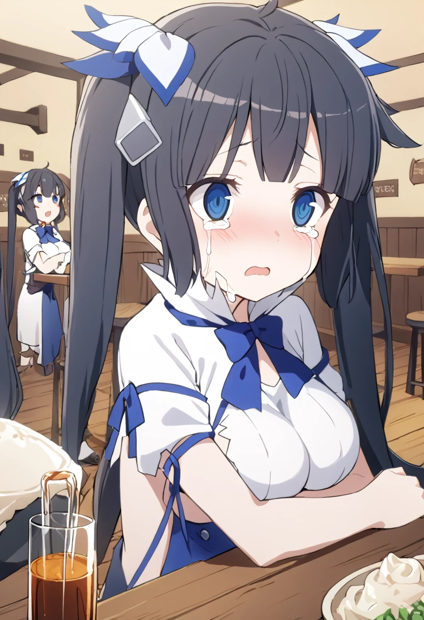 1girl, , hestia, black hair, Blue eyes, long hair, twin tails, , empty eyes, large breasts, ,12years old, Tavern, frozen, , crying, 