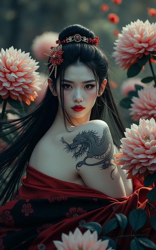 Close up waist-length view. A detailed drawing of a geisha midriff portrait made with a thin black pencil in shades of gray and red (flowers, tattoo). View from behind, up to the waist, she squints at the viewer, turning over her left shoulder. Naked thin shoulders. Japanese geisha makeup, elegant tattoos with dragons and flowers. Complicated hairstyle, red flowers in her hair. Long eyelashes, a very beautiful slender sexy young Japanese woman, white skin. Master's drawing, very high quality, photographic accuracy.