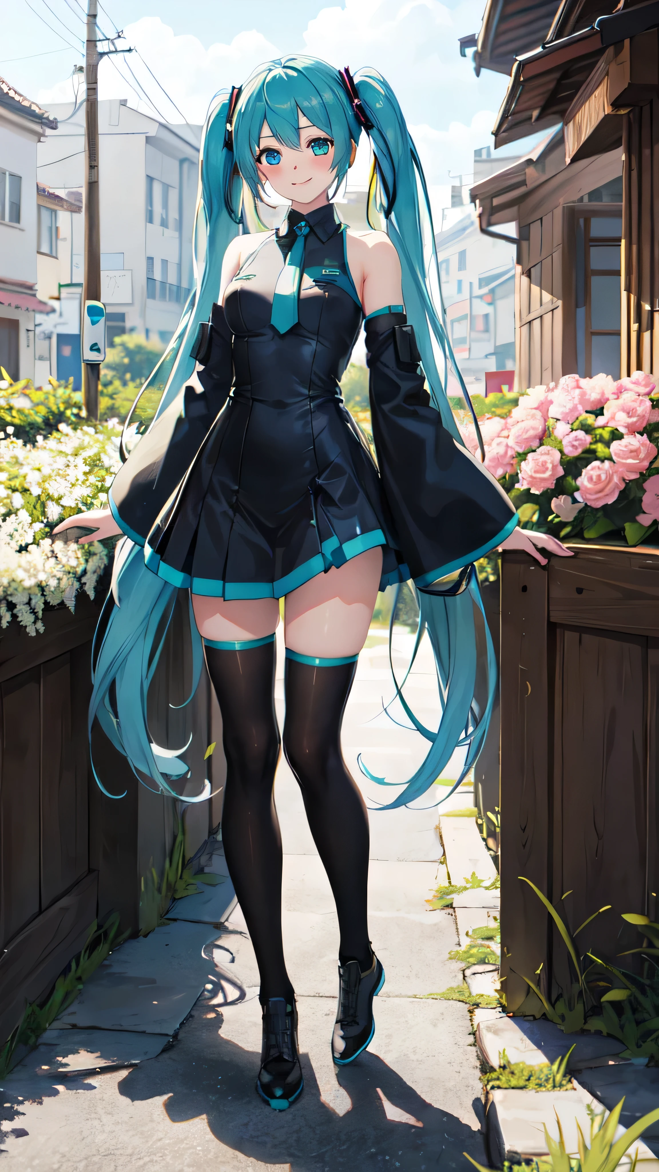 Highest quality, masterpiece, High resolution, Lonely, (Hatsune_future_Blue File:1.10), 1 girl, Wide sleeves, Long sleeve, Looking at the audience, heart, blush, flowering, smile, Outdoor, live, Print 14 ，Full Body Shot