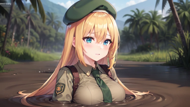 (masterpiece, best quality:1.2), illustration, 8k, hd, 1girl, solo, upper body, (portrait:1.2), large breasts, long hair, fringe, blue eyes, blonde hair, hair between eyes, green eyes, open jacket, miniskirt, brown shirt,necktie, beret,partially submerged, in mud, flooding up to the chest, military uniform, jungle, bogged,