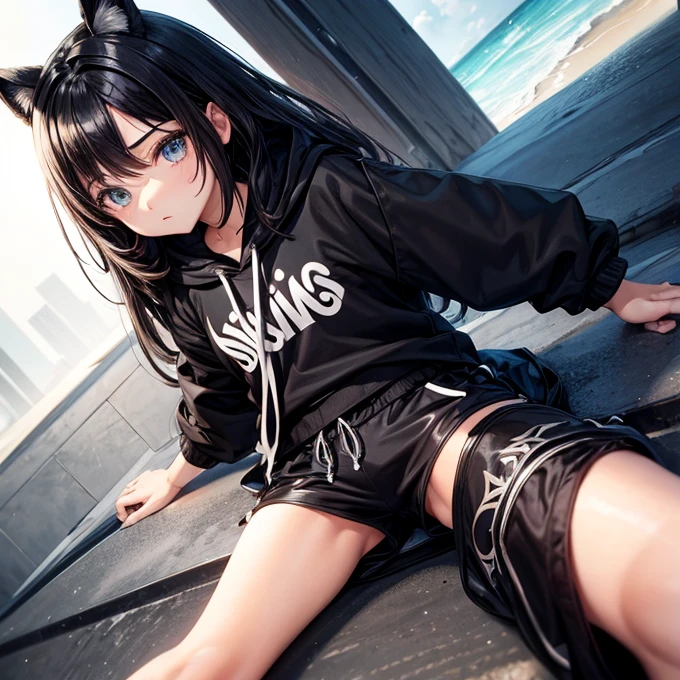 a girl, black hair, side bangs, white, cat ears, and cat tail, wearing black clothes