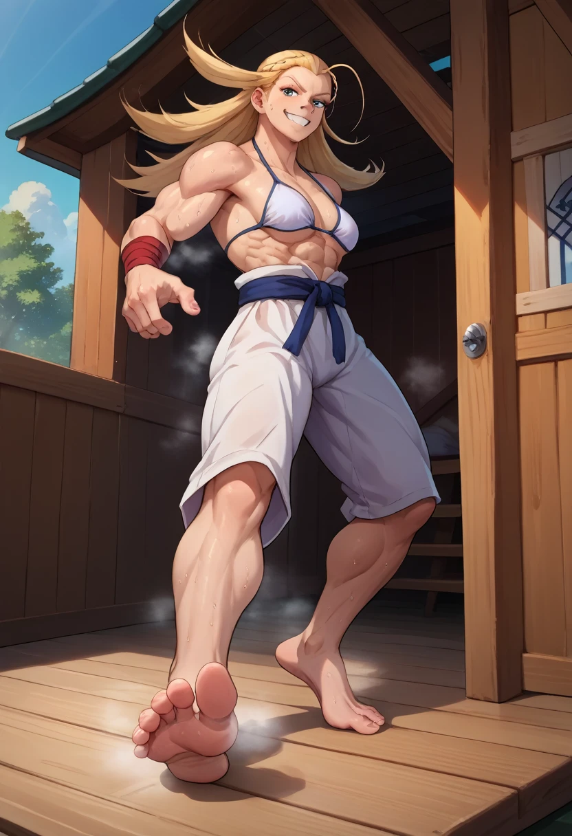 score_9, score_8_up, score_7_up, source_anime, solo, 1girl, starandstripe, muscular, smile, looking at viewer, standing, antenna hair, white Bikini,string tanga, barefoot, Full Body Image , barefoot, soles of feet visible, feet sweating and steaming, vista head on, karate fight, head on, wooden cabin background, view from below