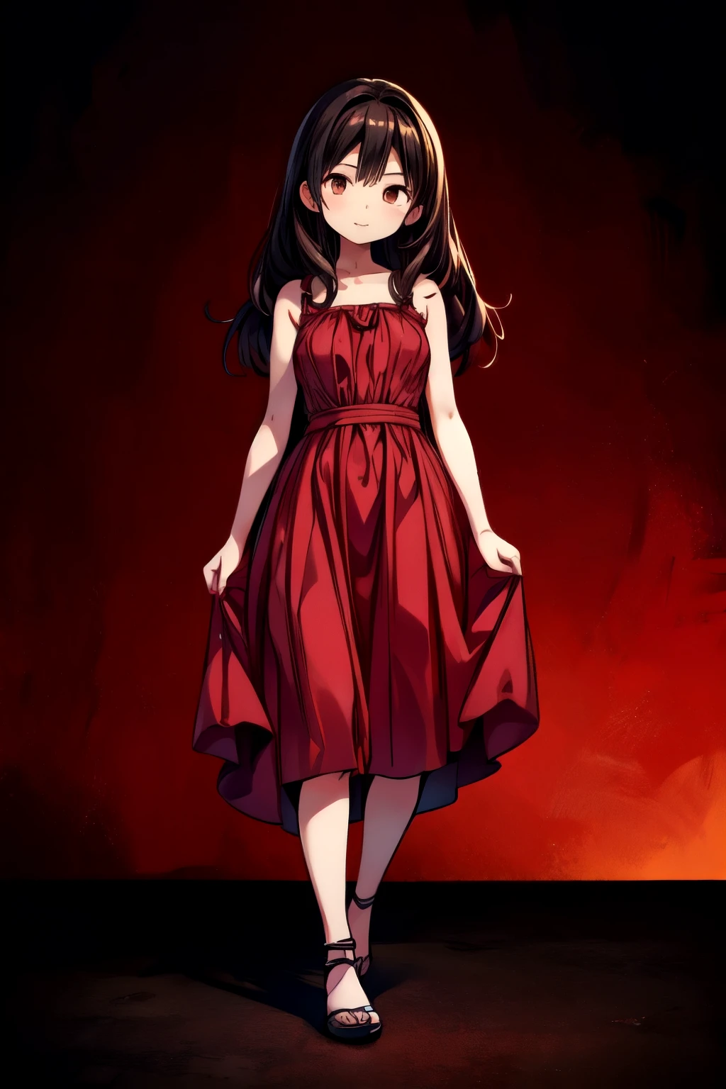 Top Quality, Masterpiece, Ultra High Definition, (Photorealistic: 1.4), Raw Photo, 1 Girl, Dark Hair, Glossy Skin, Dramatic Lighting, Full Body,, Red Dress, Colossal