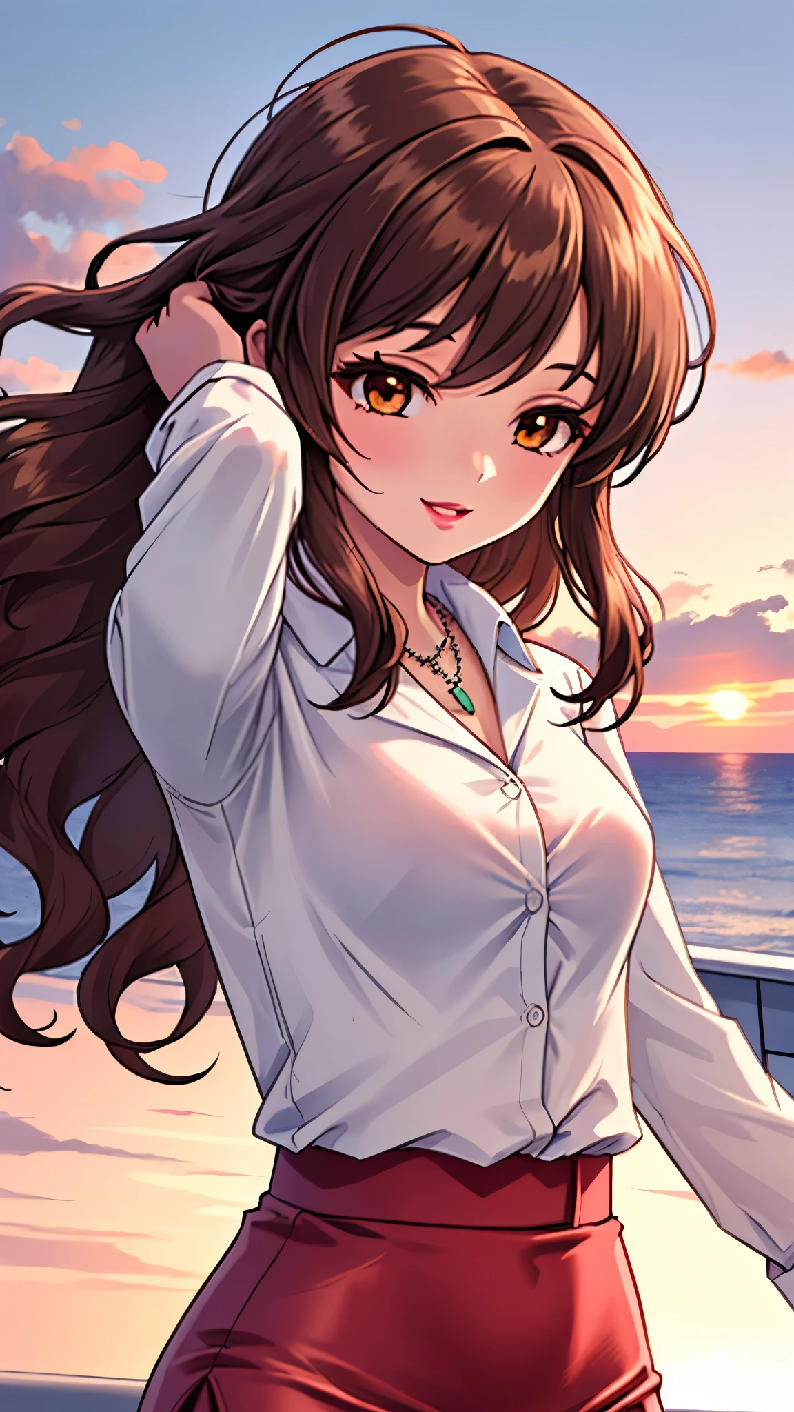 （（super high quality,））（（Ultra-high resolution,））（16K,）（super masterpiece,）（（Ultra HD ,））（Detailed shading,）Shooting from below,Upper body photo,A sexy mature woman,Wavy brown medium-long hair,Part your bangs neatly on the side,The wind lifts my hair,Thick and glossy lips,A pink shirt with a tight collar and the third button undone,Long sleeve,Red pencil skirt,necklace,Put one hand on your head,happy,Sunset rooftop,Background with sea view,