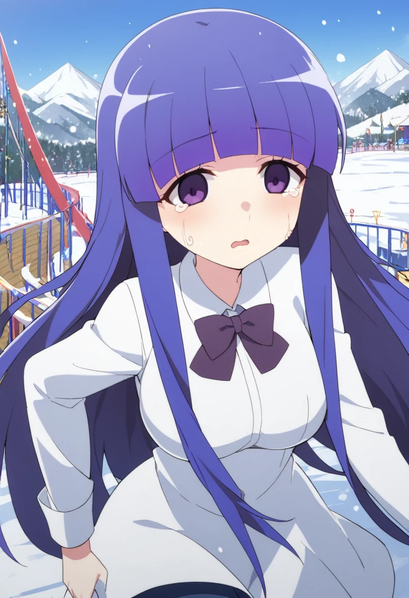 1girl, , furuderika, long hair, purple eyes, blue hair, blunt bangs,,　　, empty eyes , large breasts, , Running, ,, Heavy snowfall area　frozen , mountain Alone, crying, , solo, 1girl,　amusement park ,, 